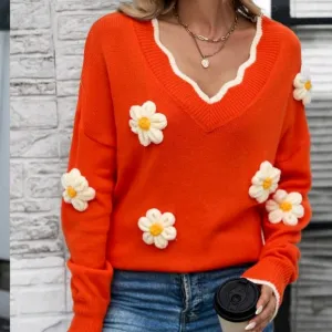 Floral Long Sleeve Sweater In Orange And White