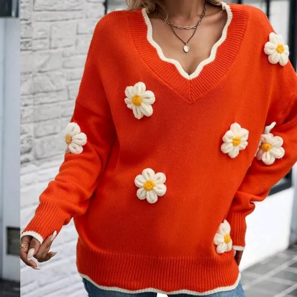 Floral Long Sleeve Sweater In Orange And White
