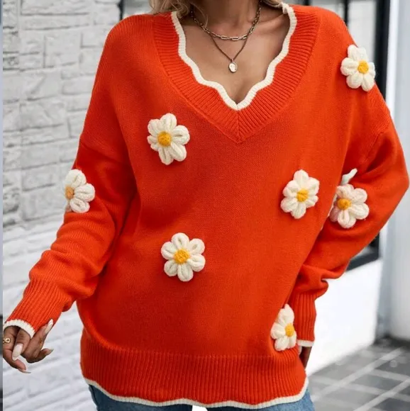 Floral Long Sleeve Sweater In Orange And White