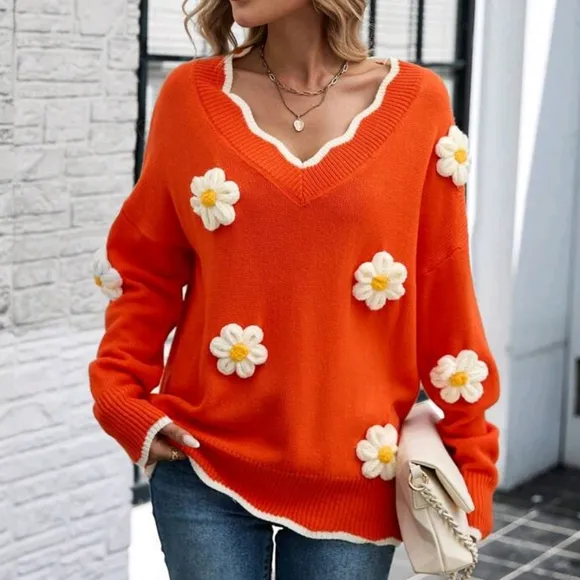 Floral Long Sleeve Sweater In Orange And White