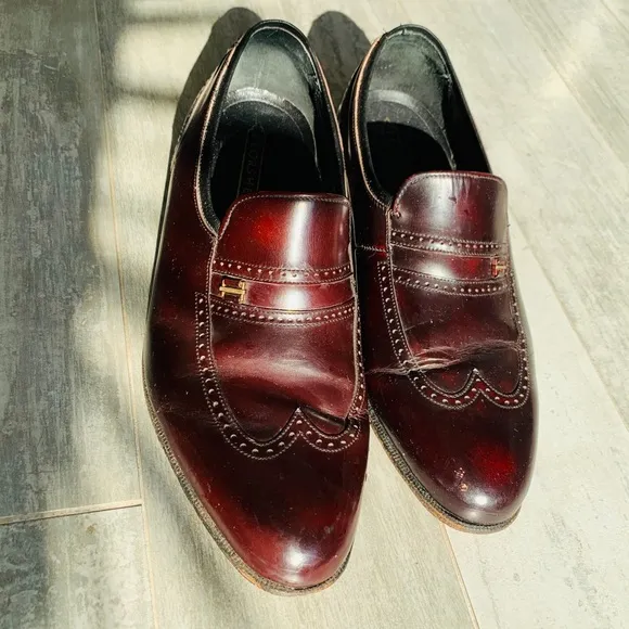 Florsheim Burgundy Genuine Leather Cat Eye Vintage Cut Out Design Loafers Shoes