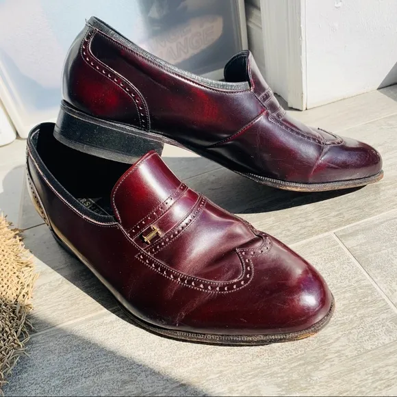 Florsheim Burgundy Genuine Leather Cat Eye Vintage Cut Out Design Loafers Shoes