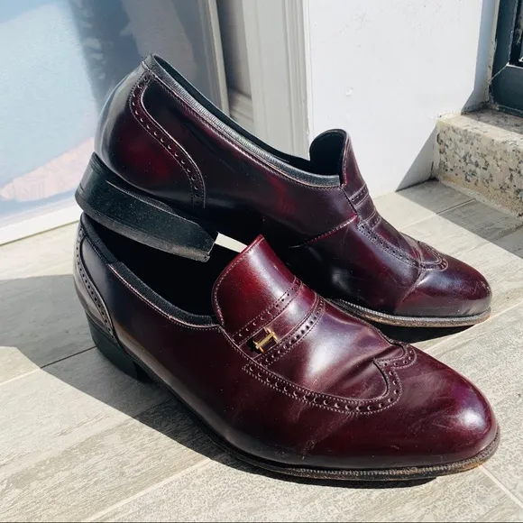 Florsheim Burgundy Genuine Leather Cat Eye Vintage Cut Out Design Loafers Shoes