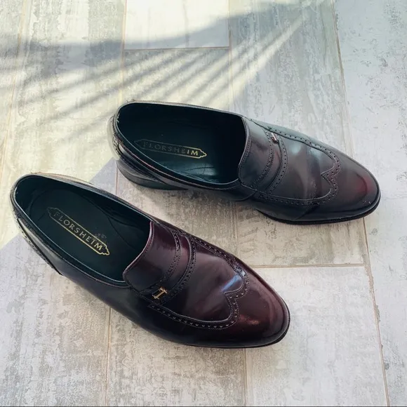 Florsheim Burgundy Genuine Leather Cat Eye Vintage Cut Out Design Loafers Shoes