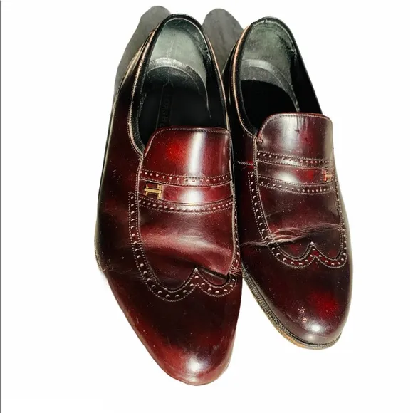 Florsheim Burgundy Genuine Leather Cat Eye Vintage Cut Out Design Loafers Shoes
