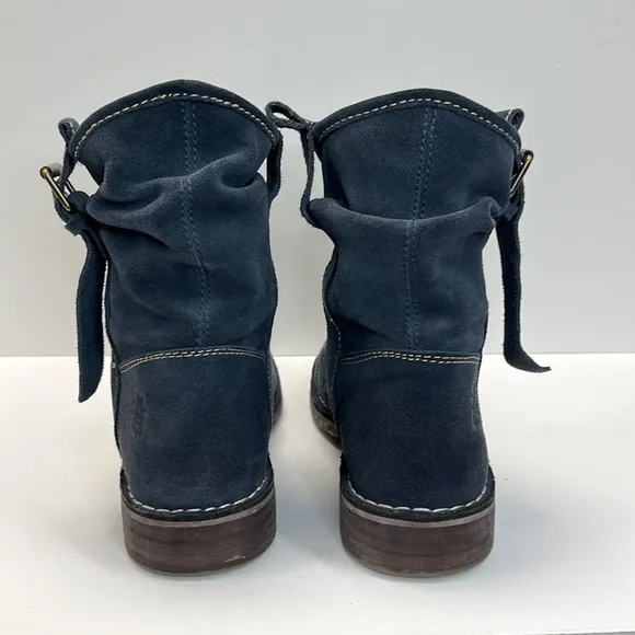 Fly London Round Toe Suede Biker Boots w/ Buckle Design Color Blue Size 38