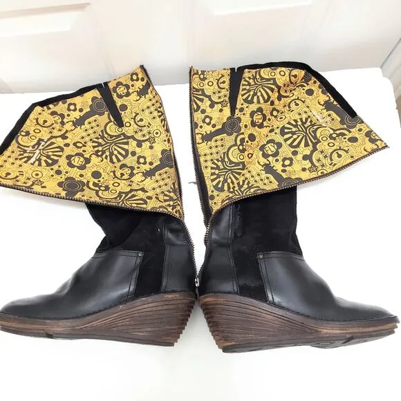 Fly London Seda Knee High Black Wedge Suede Heeled Boots Women's Size EU 40