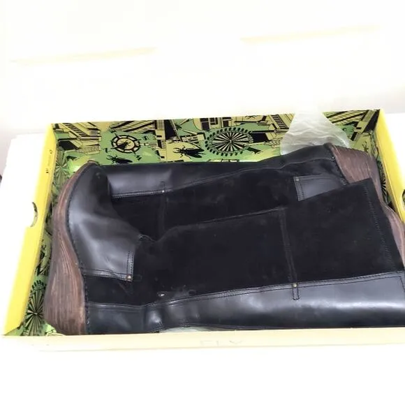 Fly London Seda Knee High Black Wedge Suede Heeled Boots Women's Size EU 40