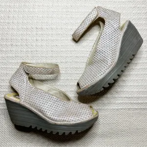 FLY LONDON tan / silver perforated leather Ayala wedge sandals 36