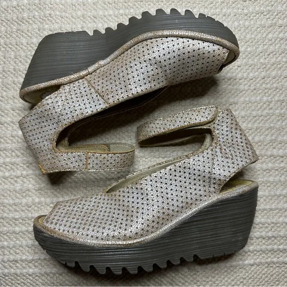 FLY LONDON tan / silver perforated leather Ayala wedge sandals 36