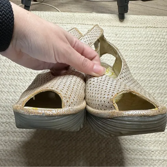 FLY LONDON tan / silver perforated leather Ayala wedge sandals 36