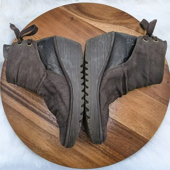 Fly London Yama Wedge Boots 41 Brown Suede Metallic Bronze Back Lace Tie Ankle