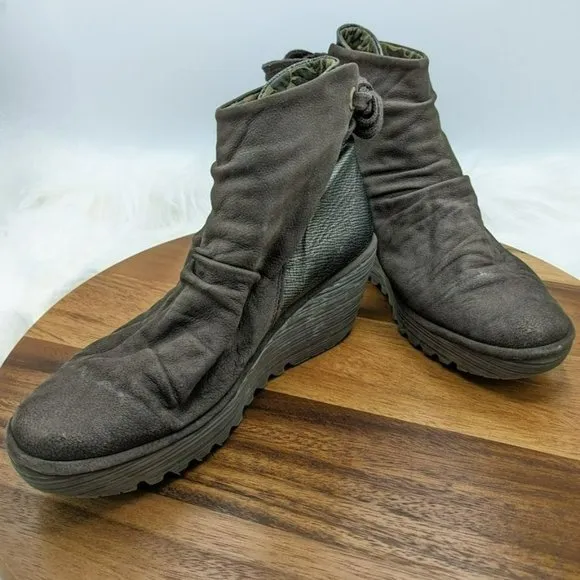 Fly London Yama Wedge Boots 41 Brown Suede Metallic Bronze Back Lace Tie Ankle