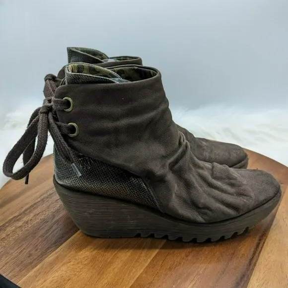 Fly London Yama Wedge Boots 41 Brown Suede Metallic Bronze Back Lace Tie Ankle