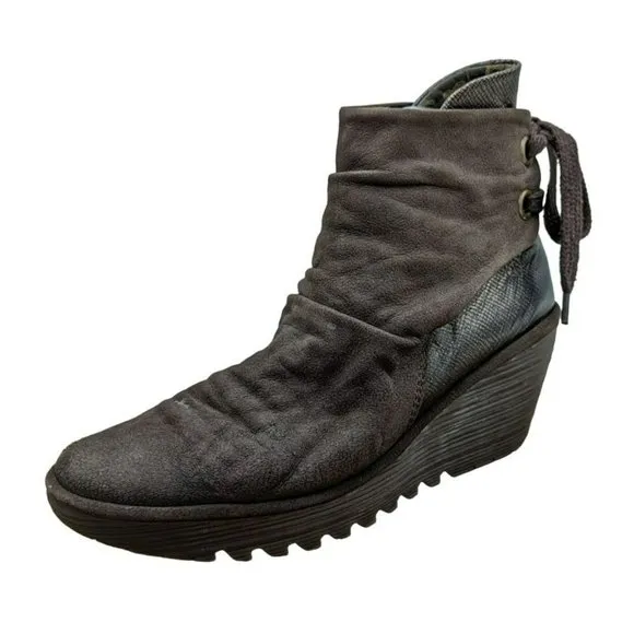 Fly London Yama Wedge Boots 41 Brown Suede Metallic Bronze Back Lace Tie Ankle