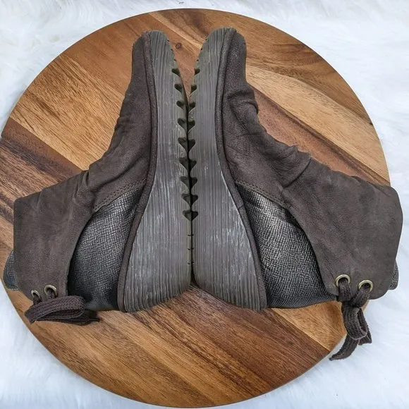 Fly London Yama Wedge Boots 41 Brown Suede Metallic Bronze Back Lace Tie Ankle