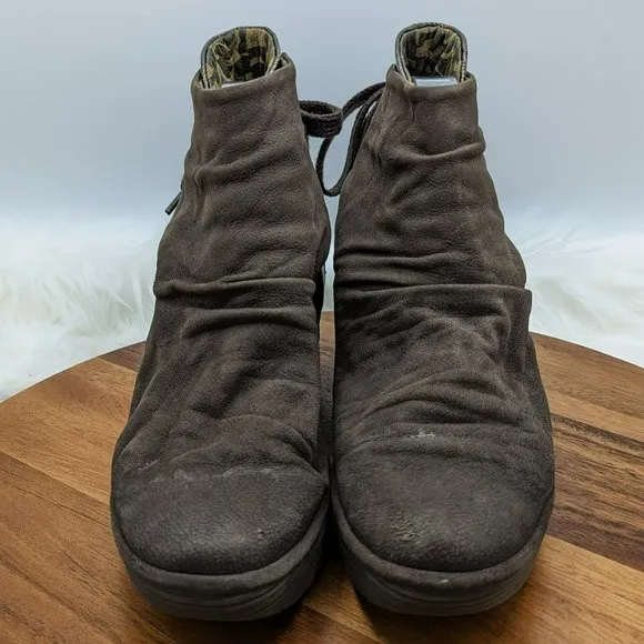 Fly London Yama Wedge Boots 41 Brown Suede Metallic Bronze Back Lace Tie Ankle