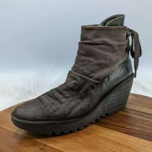 Fly London Yama Wedge Boots 41 Brown Suede Metallic Bronze Back Lace Tie Ankle