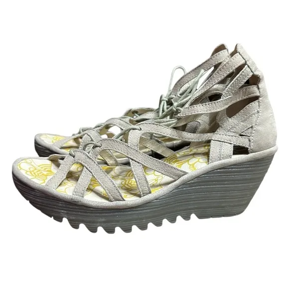 Fly London Yuke Leather Lace Up Gladiator Wedge Strappy Sandals Size 40 EU