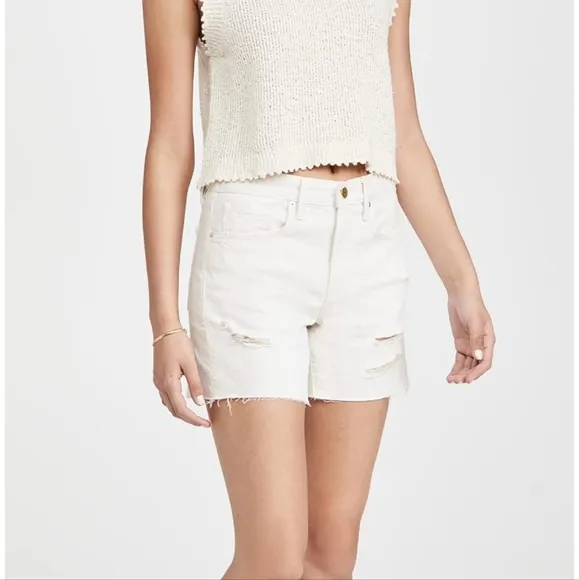 Frame Le Brigette Linen Blend High Rise Distressed Cut Off Denim Shorts 30