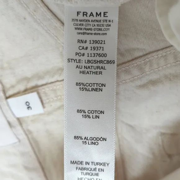 Frame Le Brigette Linen Blend High Rise Distressed Cut Off Denim Shorts 30