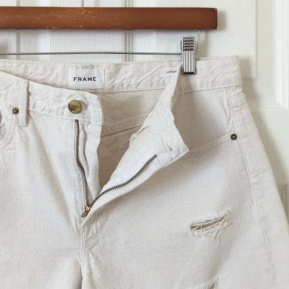 Frame Le Brigette Linen Blend High Rise Distressed Cut Off Denim Shorts 30