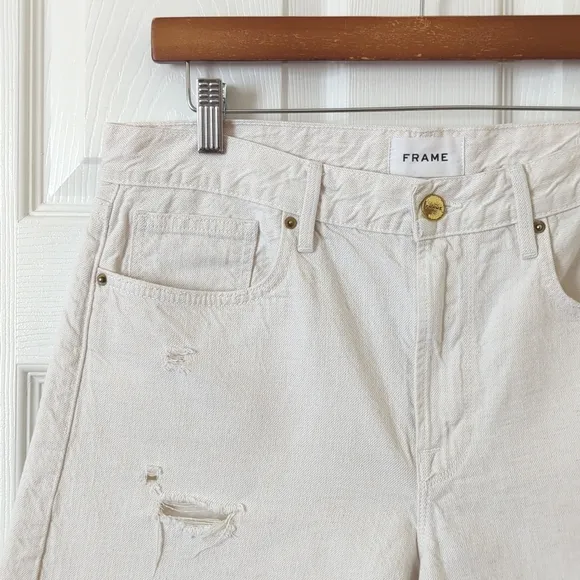 Frame Le Brigette Linen Blend High Rise Distressed Cut Off Denim Shorts 30
