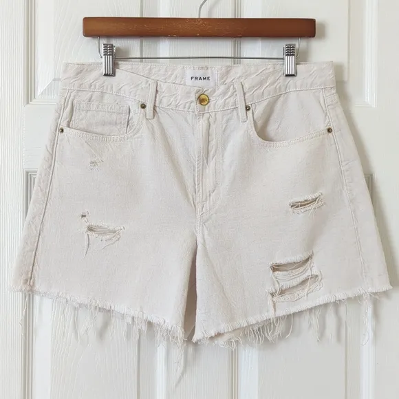 Frame Le Brigette Linen Blend High Rise Distressed Cut Off Denim Shorts 30