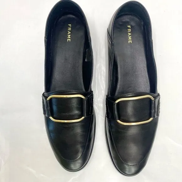 FRAME Le Hammond Black Loafer Soft Leather Women’s 40 or 9.5 Goldtone Buckle