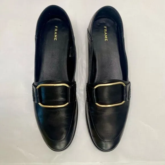 FRAME Le Hammond Black Loafer Soft Leather Women’s 40 or 9.5 Goldtone Buckle