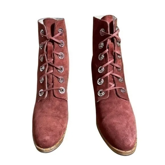 Freda Salvador • Ace Rust Red Suede Silver Grommet Heeled Boots Booties 10