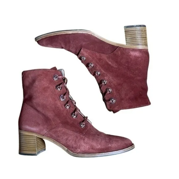 Freda Salvador • Ace Rust Red Suede Silver Grommet Heeled Boots Booties 10