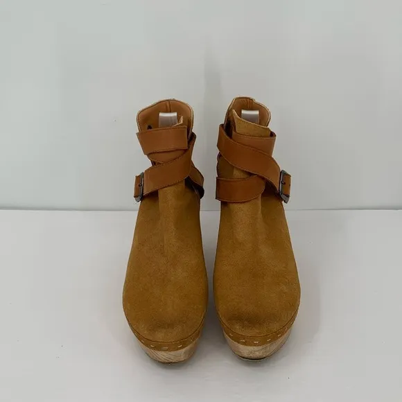 Free People Bungalow Wood clog ankle boots brown suede leather strap cross 40 10