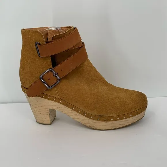Free People Bungalow Wood clog ankle boots brown suede leather strap cross 40 10