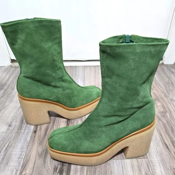 Free People Gigi Platform Suede Ankle Boots Emerald Green Size 41 Like New!