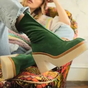 Free People Gigi Platform Suede Ankle Boots Emerald Green Size 41 Like New!
