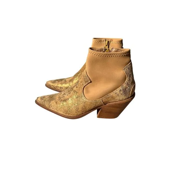 Free People Jackson West Gold Leather Western Flair Block Heel Ankle Boot Sz 37