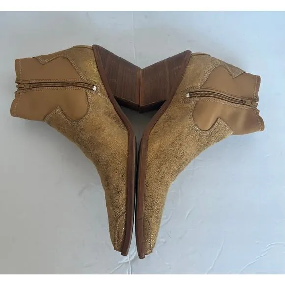 Free People Jackson West Gold Leather Western Flair Block Heel Ankle Boot Sz 37