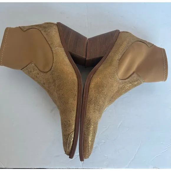 Free People Jackson West Gold Leather Western Flair Block Heel Ankle Boot Sz 37