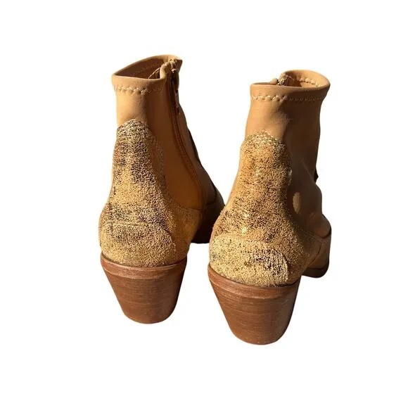 Free People Jackson West Gold Leather Western Flair Block Heel Ankle Boot Sz 37