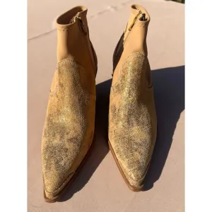 Free People Jackson West Gold Leather Western Flair Block Heel Ankle Boot Sz 37