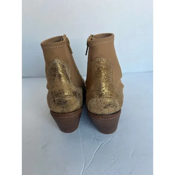 Free People Jackson West Gold Leather Western Flair Block Heel Ankle Boot Sz 37