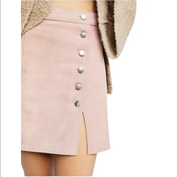 Free People Understated Pink Suede Side Button Mini Skirt Size M