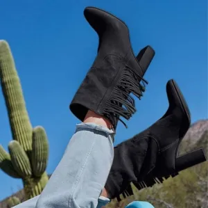 Free People Wild Rose Black Suede Fringe Slouch Boots Women's size 40 US 9-9.5