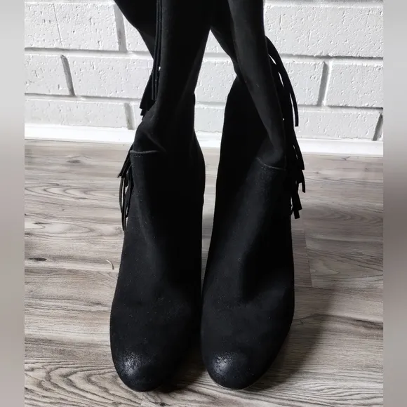 Free People Wild Rose Black Suede Fringe Slouch Boots Women's size 40 US 9-9.5