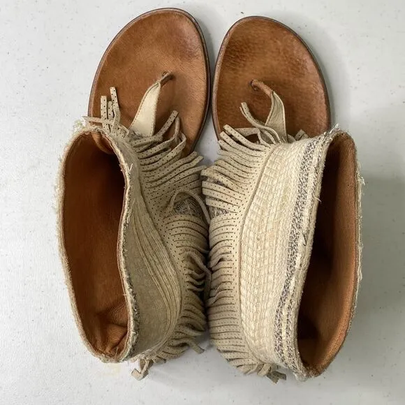 Free People Wonder Land Fringe Moc Sandals Thong  Embellished Ankle Shaft Boho