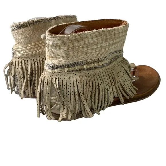 Free People Wonder Land Fringe Moc Sandals Thong  Embellished Ankle Shaft Boho
