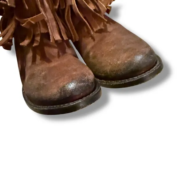 Freebird Belle Brown Fringe Boho Suede Leather Western Heeled Booties Sz‎ 8