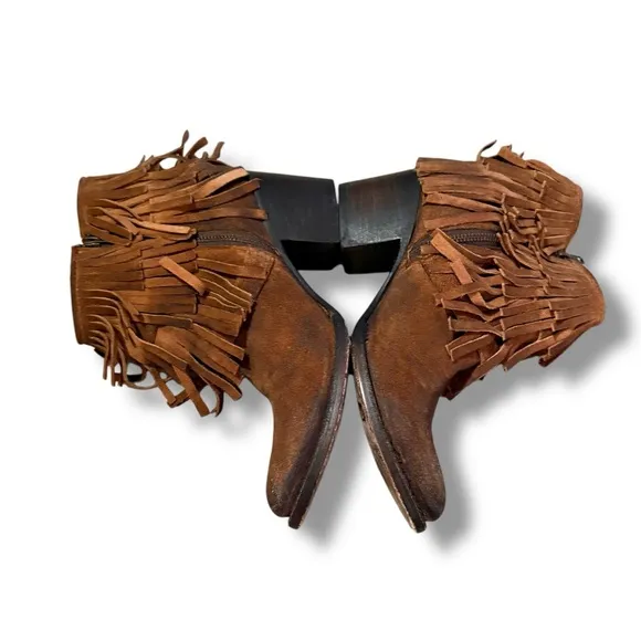 Freebird Belle Brown Fringe Boho Suede Leather Western Heeled Booties Sz‎ 8