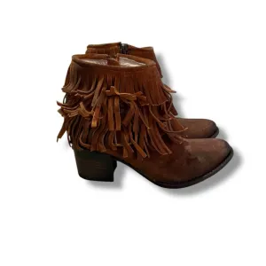 Freebird Belle Brown Fringe Boho Suede Leather Western Heeled Booties Sz‎ 8